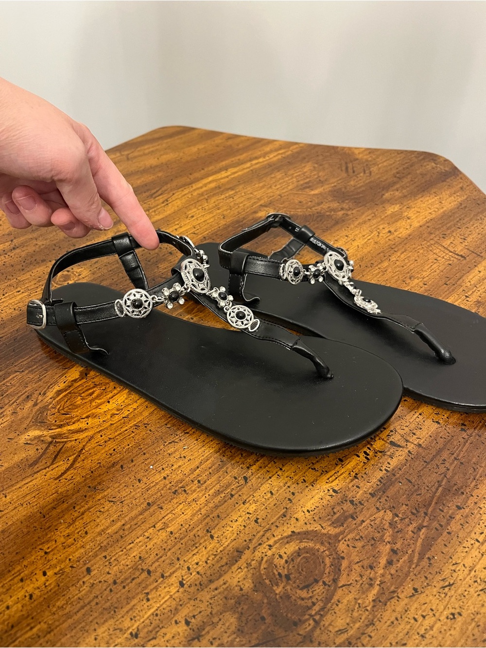 H&M Women's Black Jeweled T-Strap Sandals